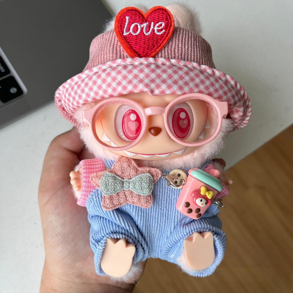17cm Labubu Sitting Party Macaron Outfit Set with Bucket Hat & Overalls | Replacement Clothes for Plush/Vinyl Keychain Charms