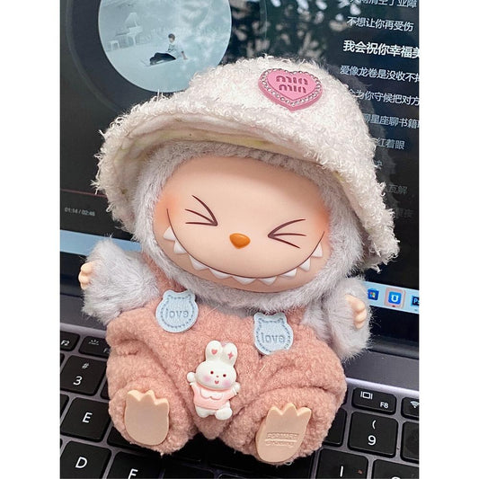 LABUBU Clothes 3-Piece Set (Pants, Hat, Thermos) - POP MART Doll Clothes Accessories - Cute Pink Rabbit Outfit for 17cm/6.7" LABUBU Plush Doll
