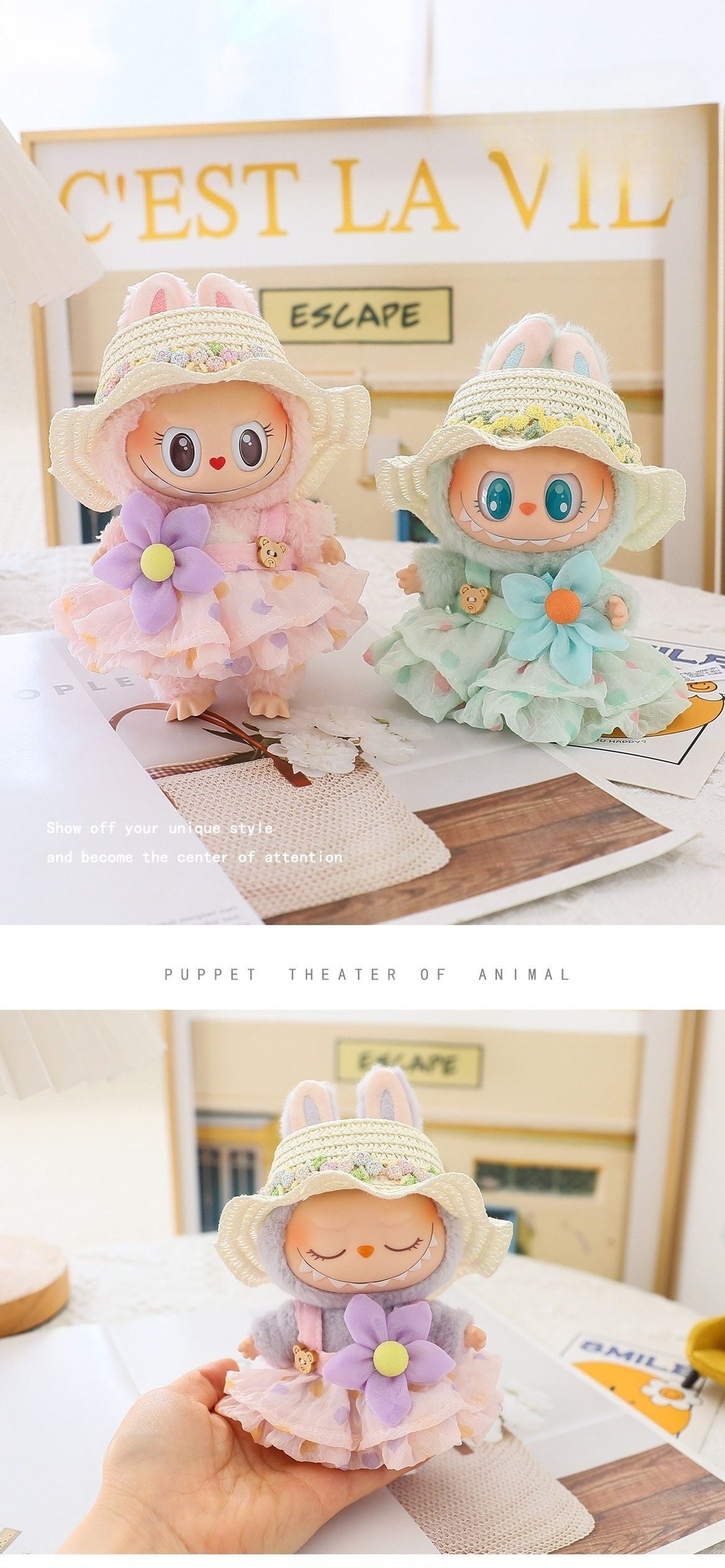 Pop Mart LABUBU Summer Outfit Set - Mint Green Dress with Bow & Straw Hat for 1st/2nd/3rd Gen Blind Box Figures, Fresh Seasonal Doll Clothes (17cm)