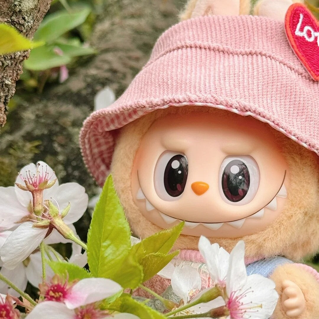 Pink Love Hat W/ Blue Corduroy Overalls & Star Patch for Labubu Doll Outfit