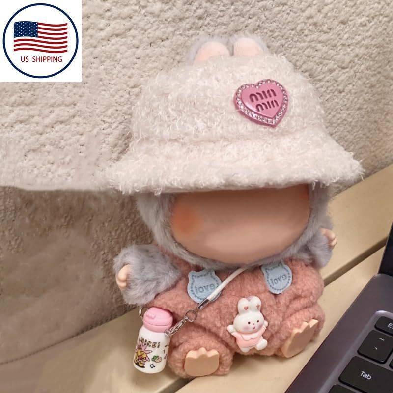 Pink Love Hat W/ Blue Corduroy Overalls & Star Patch for Labubu Doll Outfit