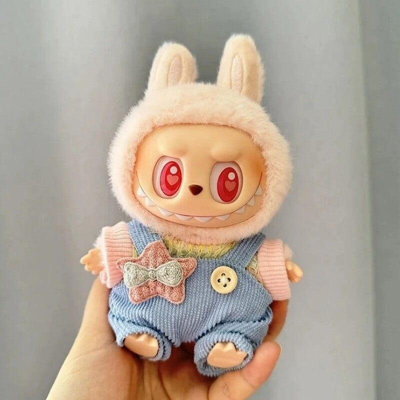 Pink Love Hat W/ Blue Corduroy Overalls & Star Patch for Labubu Doll Outfit