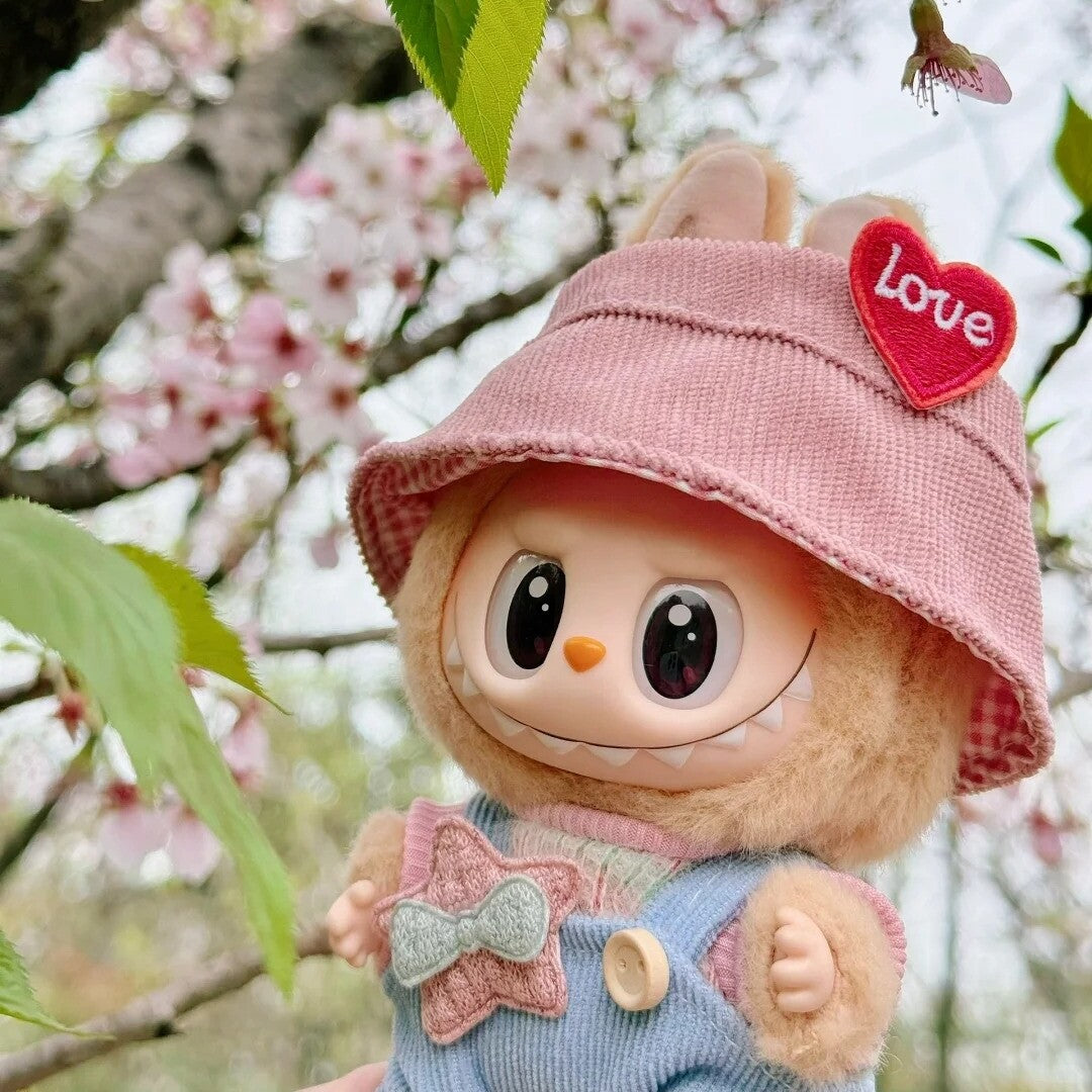 Pink Love Hat W/ Blue Corduroy Overalls & Star Patch for Labubu Doll Outfit