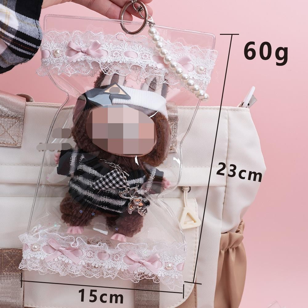 17cm Labubu Gen 1-3 Clear Acrylic Dust-Proof Display Case with Detachable Strap & Keychain Charm | Vinyl/Plush-Compatible Transparent Tote for Collectible Dolls & Accessories