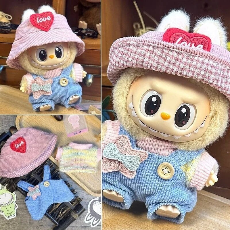 Pink Love Hat W/ Blue Corduroy Overalls & Star Patch for Labubu Doll Outfit