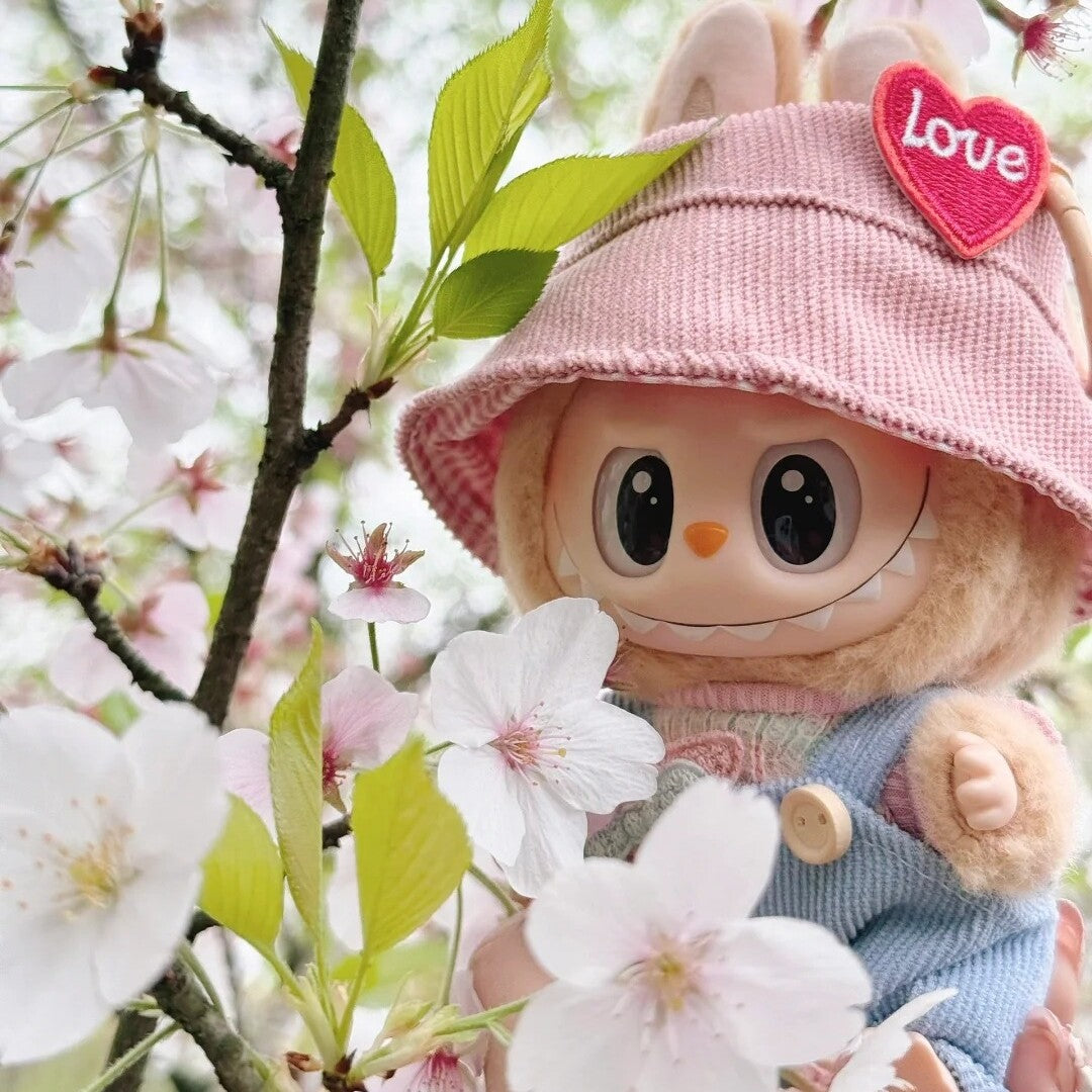 Pink Love Hat W/ Blue Corduroy Overalls & Star Patch for Labubu Doll Outfit