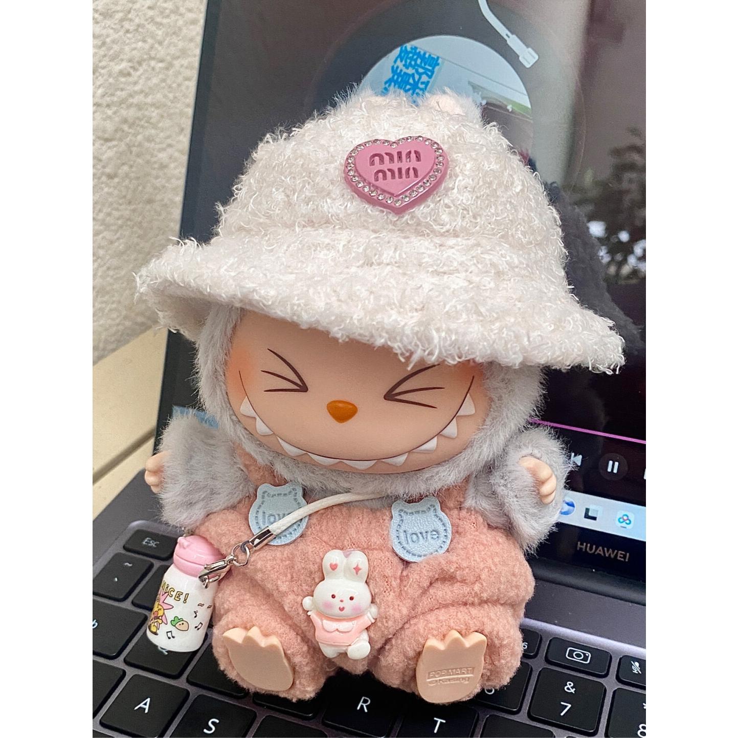 LABUBU Clothes 3-Piece Set (Pants, Hat, Thermos) - POP MART Doll Clothes Accessories - Cute Pink Rabbit Outfit for 17cm/6.7" LABUBU Plush Doll