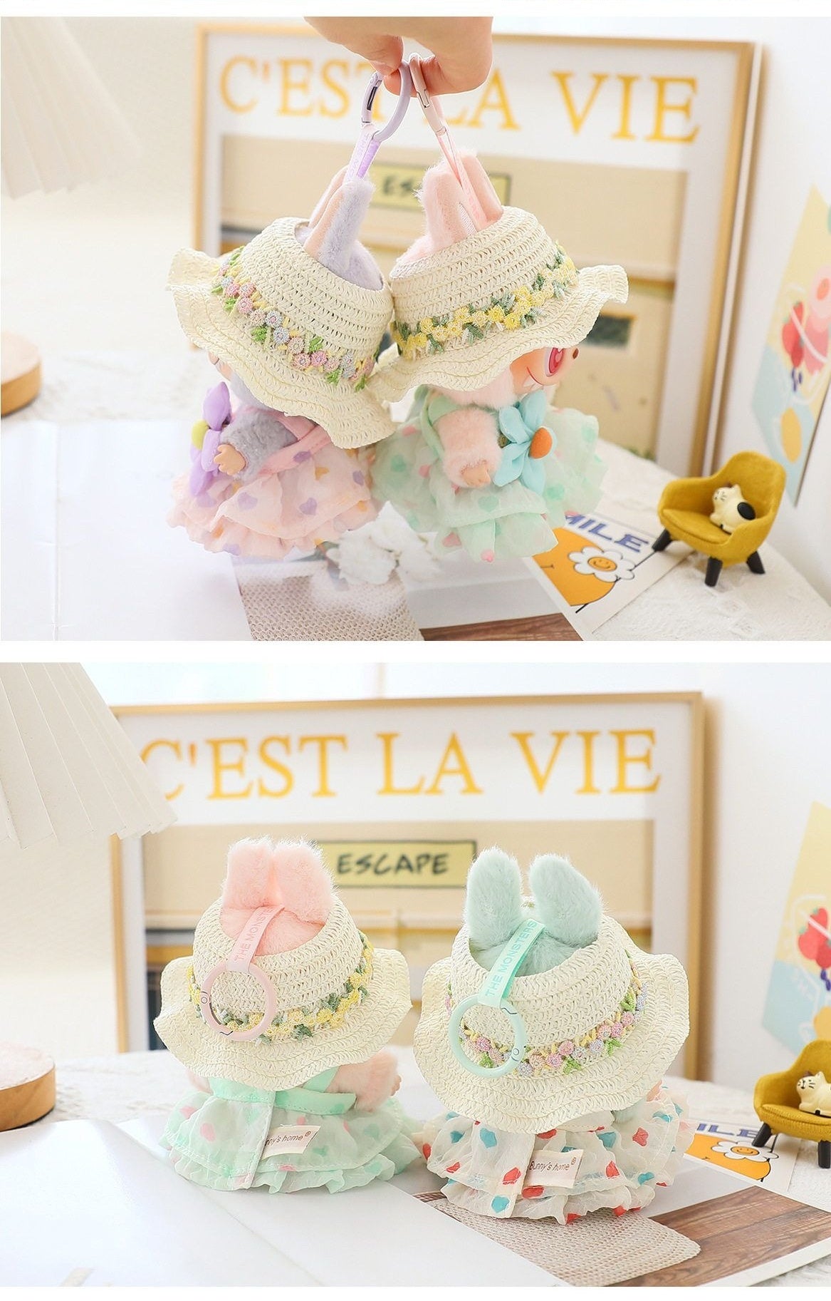 Pop Mart LABUBU Summer Outfit Set - Mint Green Dress with Bow & Straw Hat for 1st/2nd/3rd Gen Blind Box Figures, Fresh Seasonal Doll Clothes (17cm)