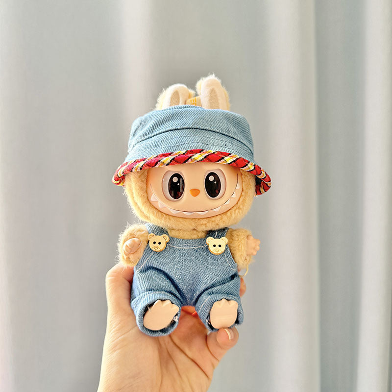 17cm Labubu Gen 1-3 Universal Fit Handmade Pink Bunny 3-Piece Set | Overalls + Hat + Mini Thermos Cup | Vinyl/Plush-Compatible Clothes Only for Collectible Dolls
