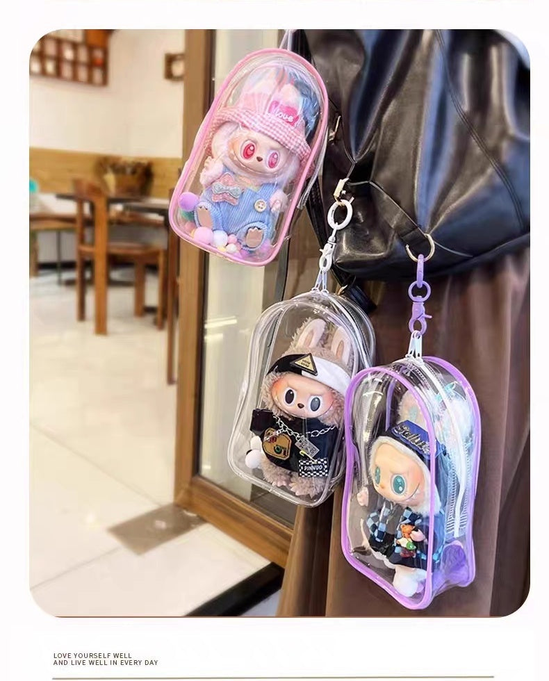 POP MART Labubu Sit-Sit Party Protective Case - Waterproof Clear Dustproof Cover + Carry Bag for 17cm Vinyl Figures
