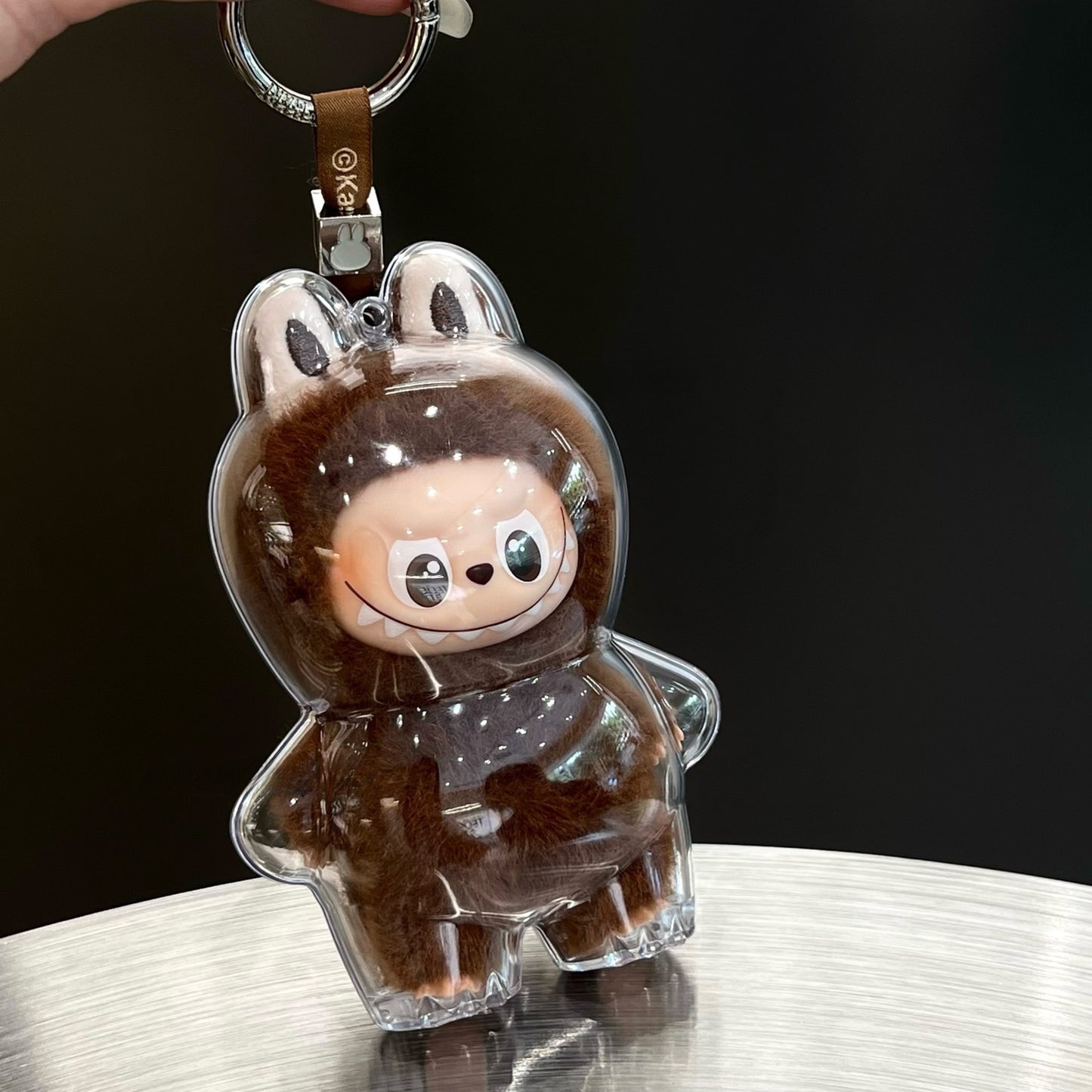 10.5cm Labubu 4th Gen Heart Code Collection Clear Acrylic Protective Case | Hard Shell Dust-Proof Collectible Carrier with Beaded Chain for Mini Keychain Charms