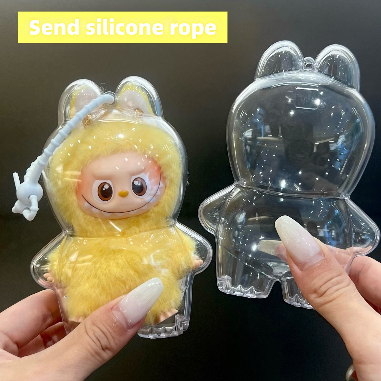10.5cm Labubu 4th Gen Heart Code Collection Clear Acrylic Protective Case | Hard Shell Dust-Proof Collectible Carrier with Beaded Chain for Mini Keychain Charms
