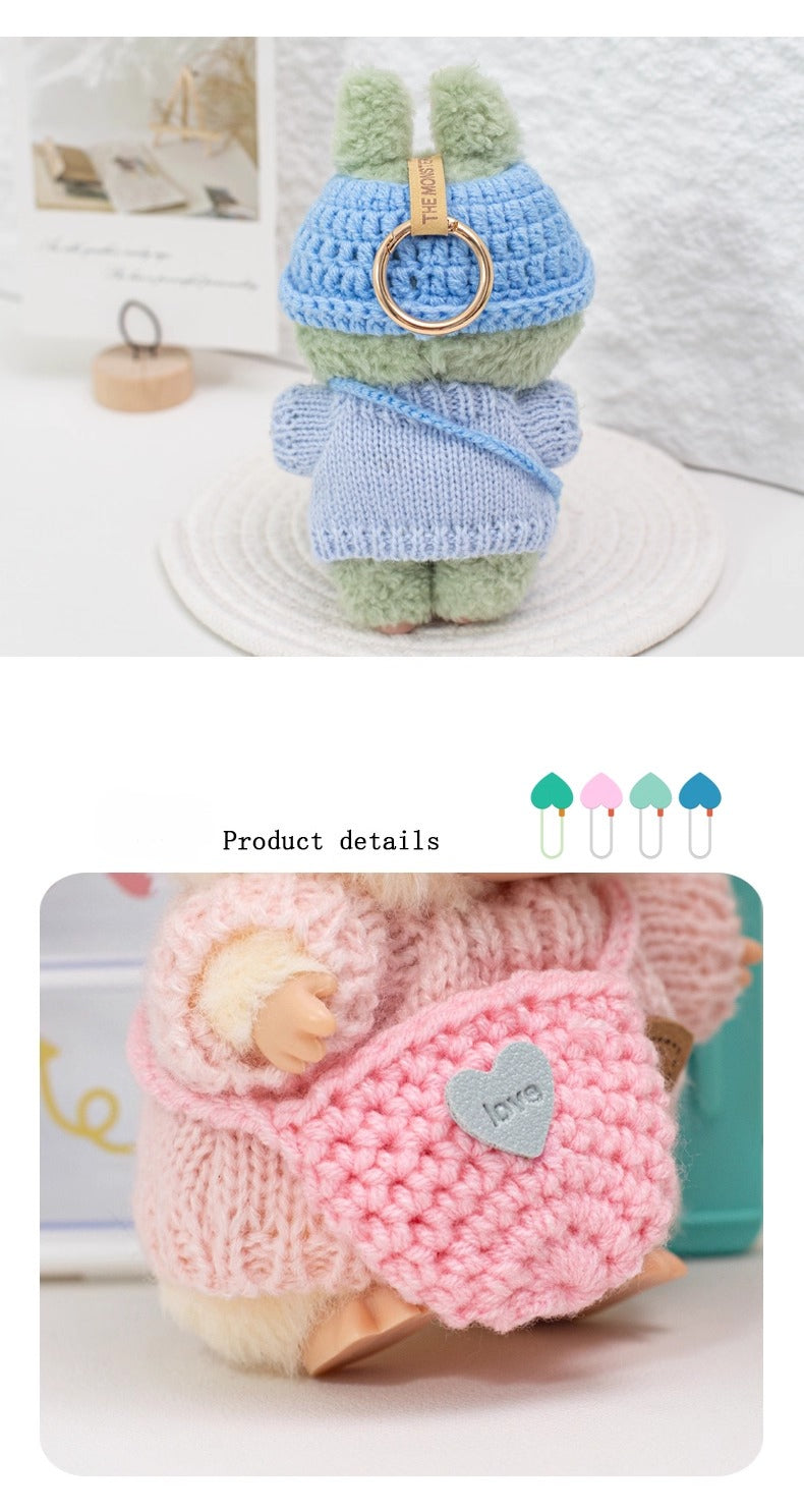 17cm Labubu Gen 1-3 Handmade Knit Sweater Set | Khaki Beanie + Cable-Knit Sweater + Detachable Heart Shoulder Bag | Vinyl/Plush-Compatible Clothes Only for Collectible Dolls