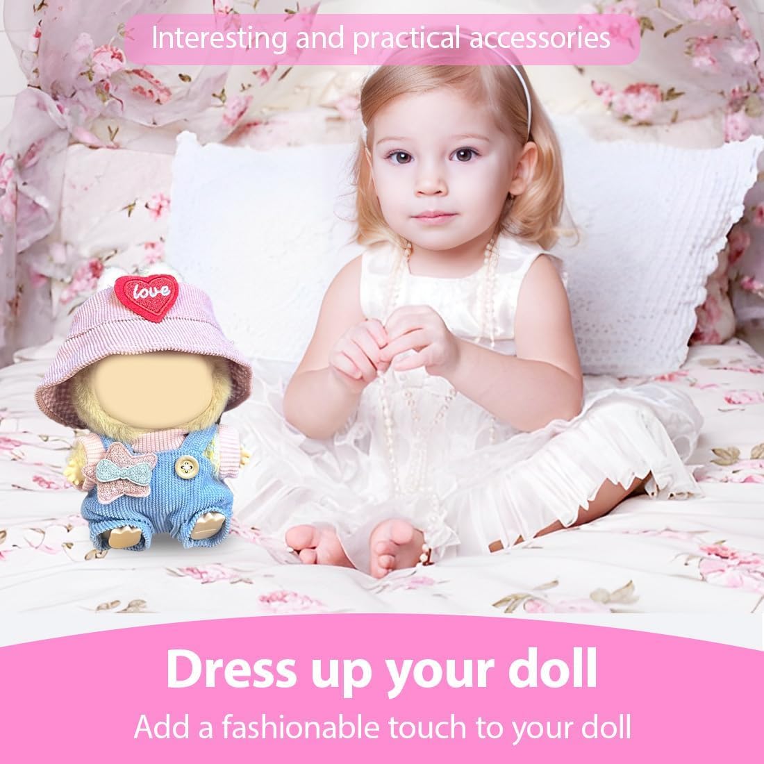 17/15cm Clothes Set(NO Doll), Hat & Overalls Set for 17/15cm Accessories Suit, Cute Clothes for Dress up Unique Style (Pink Love Heart)