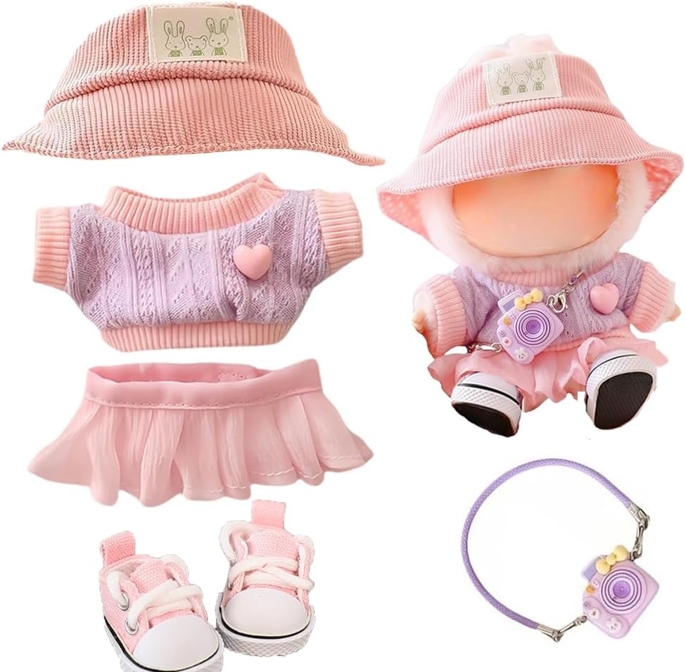 Clothes for Labubu Doll,Clothes for Dolls Accessories, Stylish Kawaii Outfit Set 5 Pieces Suitable for Labubu 15cm 17cm Doll,Doll Clothing Set Replacement (Purple)