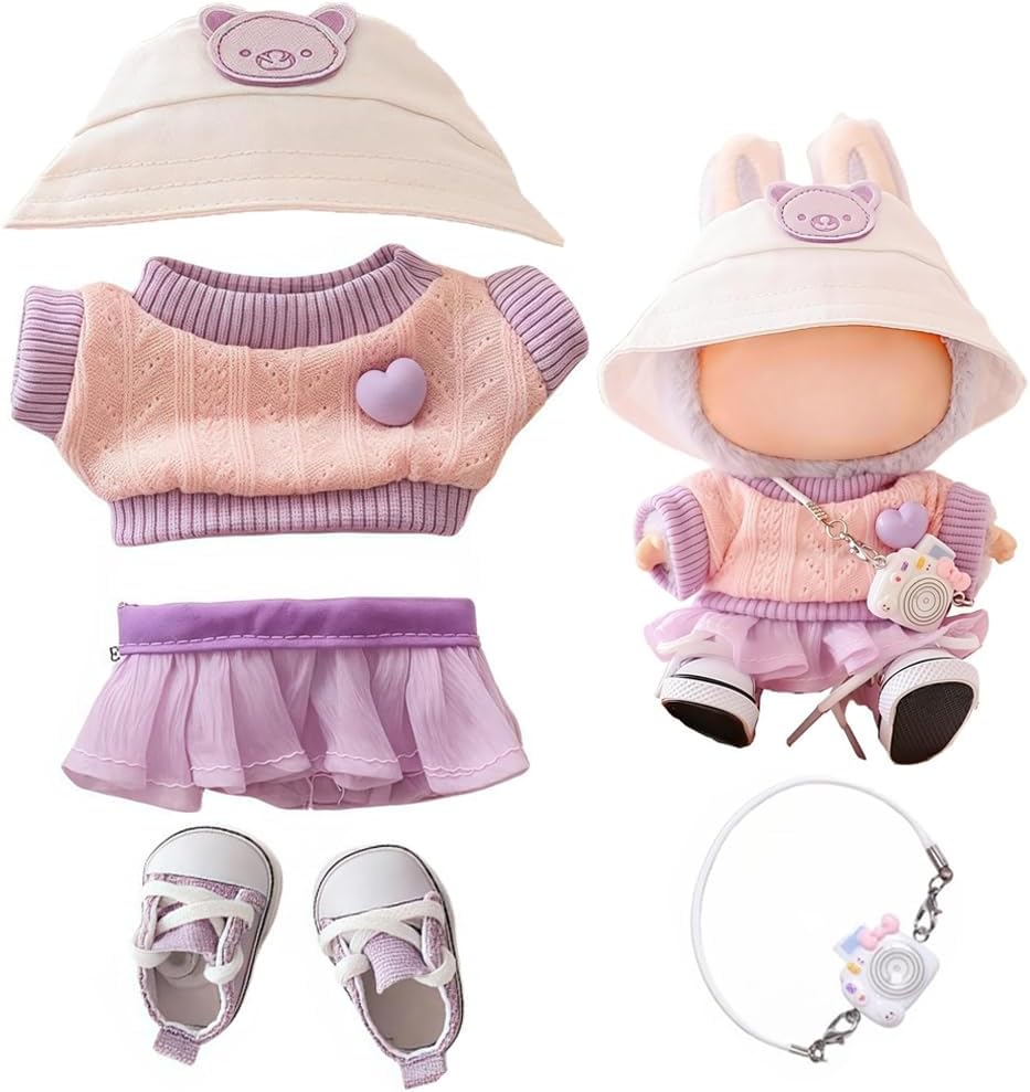 Clothes for Labubu Doll,Clothes for Dolls Accessories, Stylish Kawaii Outfit Set 5 Pieces Suitable for Labubu 15cm 17cm Doll,Doll Clothing Set Replacement (Purple)