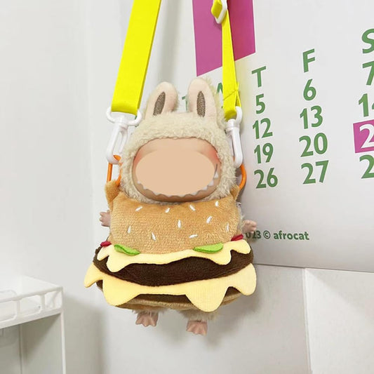 Cute LABUBU The Monster Doll Clothes Set - Fantasy Elf Outfits, Rainbow & Sitting Party Style, Kawaii Overalls + Top (Hamburger)