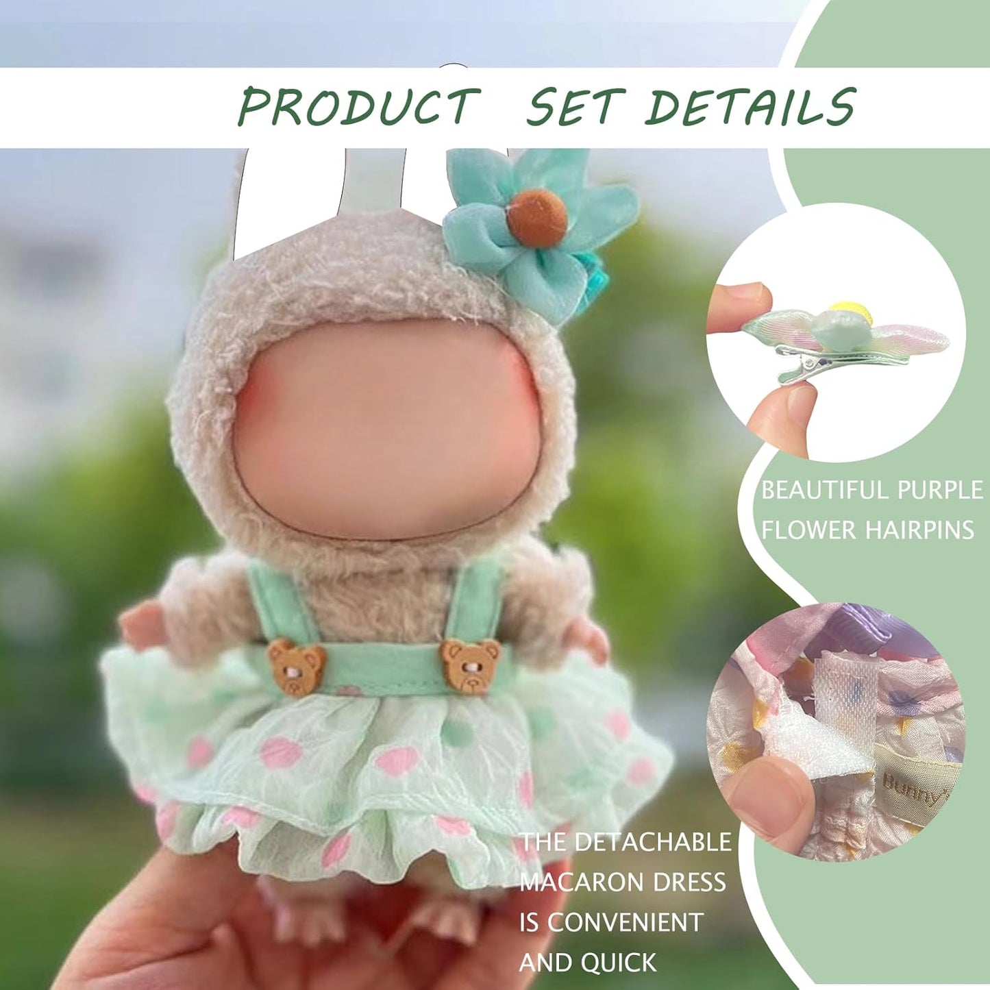 Clothes for Labubu(NO Dolls),3 Pieces Dress Outfit Set for 6.7inch(17cm) Doll Suit,Clothes Accessories for 1st/2nd/3rd Gen Doll Play,Green Dress Series Is More Healthy and Natural (Green dress)