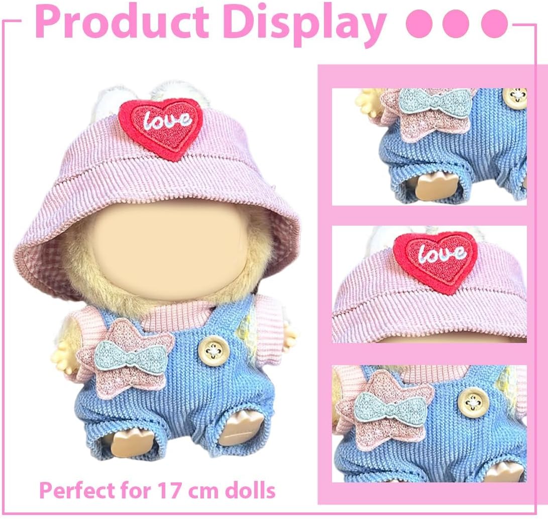 17/15cm Clothes Set(NO Doll), Hat & Overalls Set for 17/15cm Accessories Suit, Cute Clothes for Dress up Unique Style (Pink Love Heart)