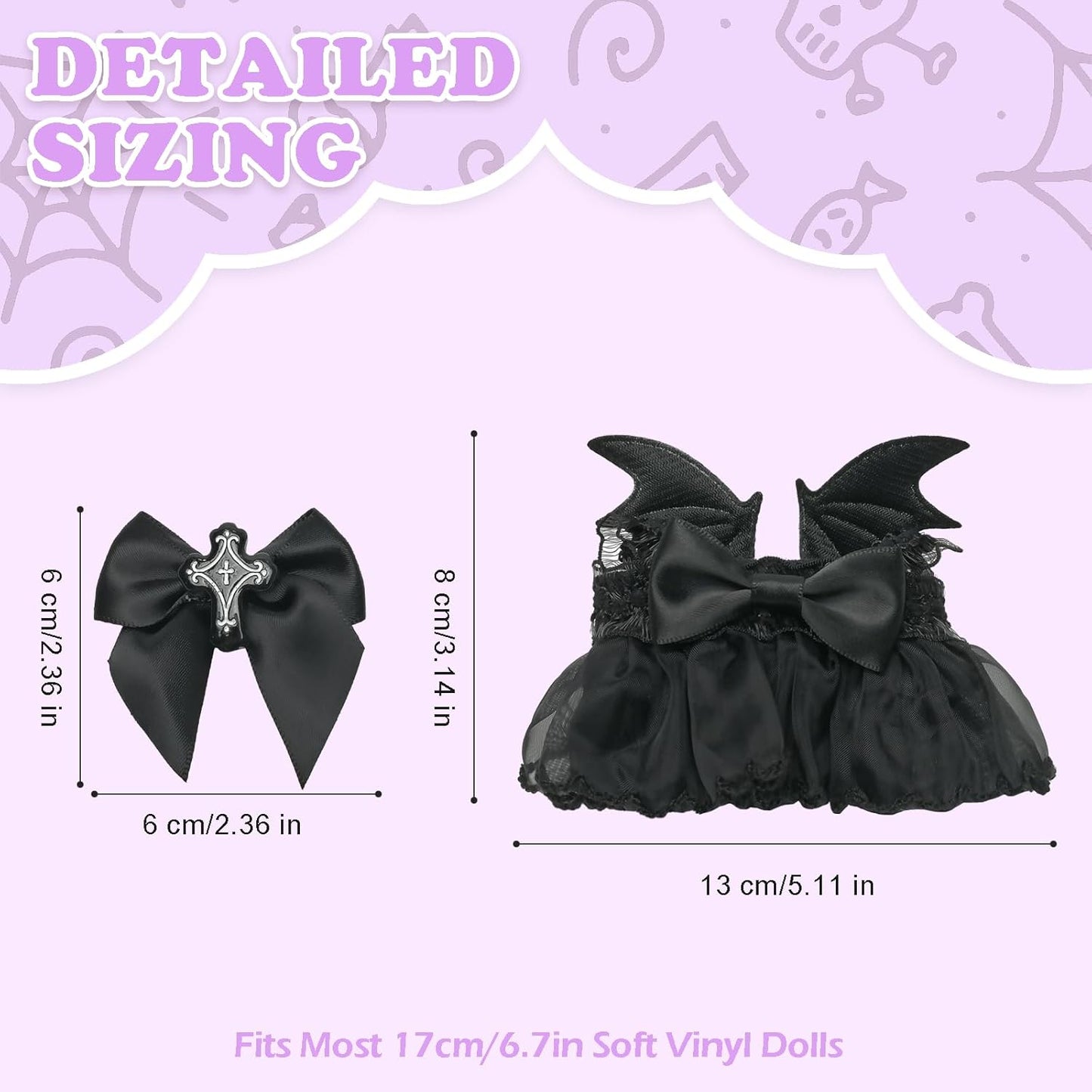 Clothes Compatible with Labubu Doll, Labubu Outfit Set - Black Lace Dress with Devil Wings+Cross Bow for Labubu Dolls, Stylish Accessories Set for 17cm Labubu Doll, No Doll(Dark Cross Enchantress)