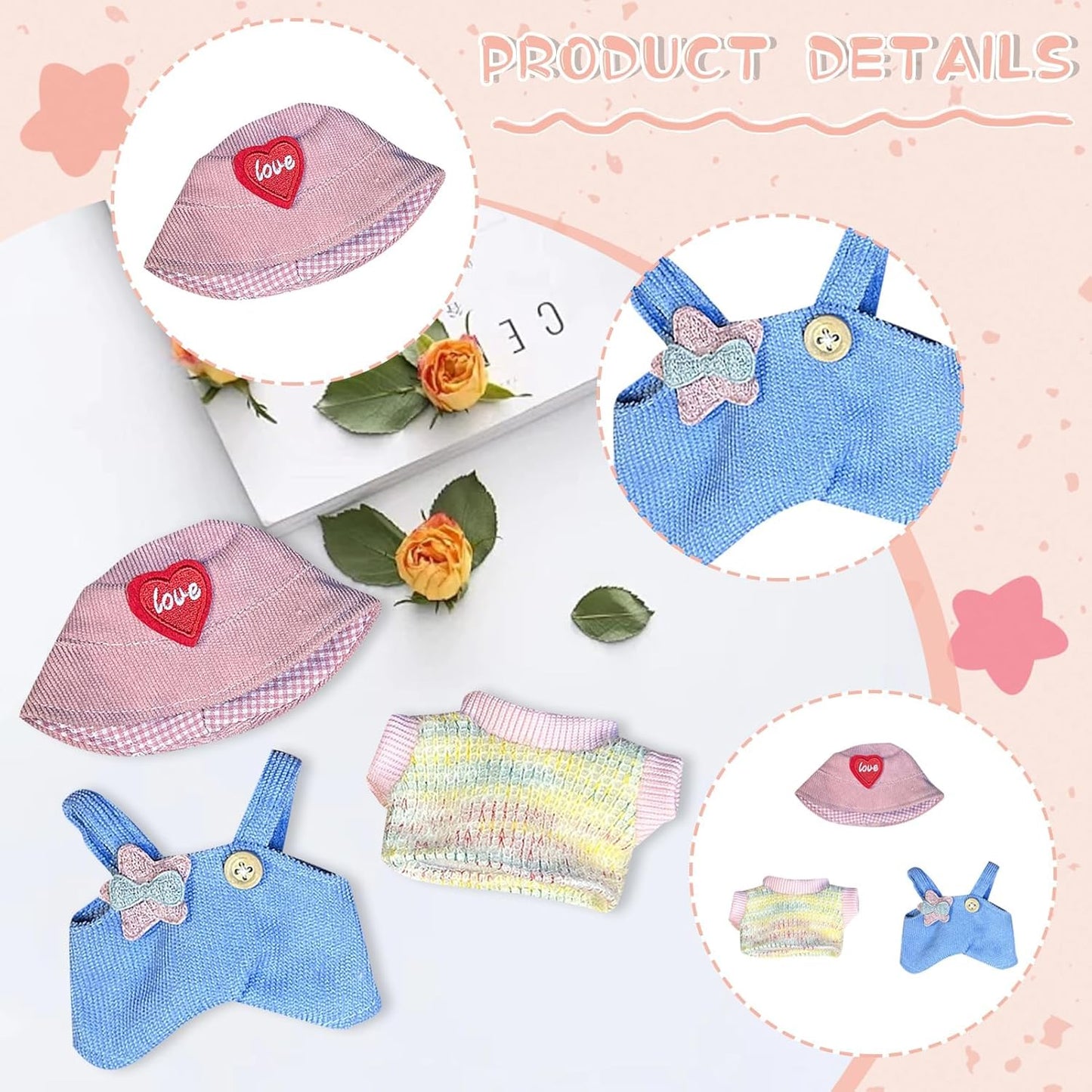 17/15cm Clothes Set(NO Doll), Hat & Overalls Set for 17/15cm Accessories Suit, Cute Clothes for Dress up Unique Style (Pink Love Heart)