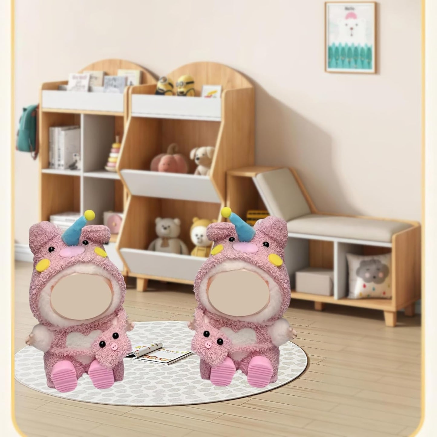 17cm Doll Clothes for labubu, 4-Piece Clothes for Dolls Outfit, Accessories for Cute Dolls Clothes, Pink Hat + Overalls + Bag + Shoe, No Doll Included