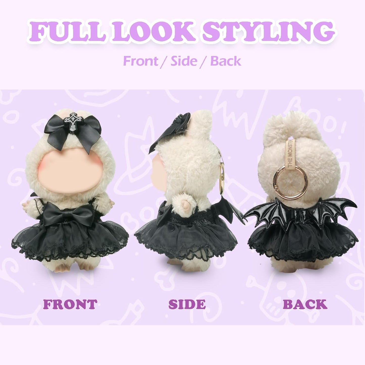 Clothes Compatible with Labubu Doll, Labubu Outfit Set - Black Lace Dress with Devil Wings+Cross Bow for Labubu Dolls, Stylish Accessories Set for 17cm Labubu Doll, No Doll(Dark Cross Enchantress)