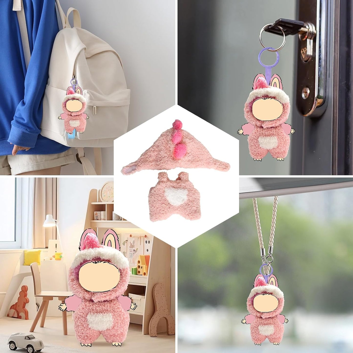 17cm Doll Clothes, Outfits for Clothes Set, Dolls Keychain Accessories, Faking Animal Style Outfit Jumpsuit (Bunny Pink)
