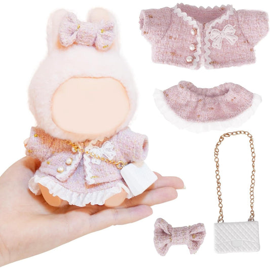 4-Piece Clothes for LABUBU Doll Sitting Standing Collection, Pink CHANEL Style Cute Clothes Sets for POP MART Doll, Including Pink Coat, Skirt, Handbag, Bow (No Doll)