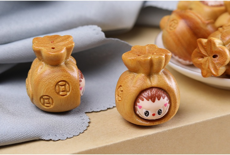 LABUBU Carved Wooden Pendant - 3D Lucky Charm for DIY Jewelry & Keychains