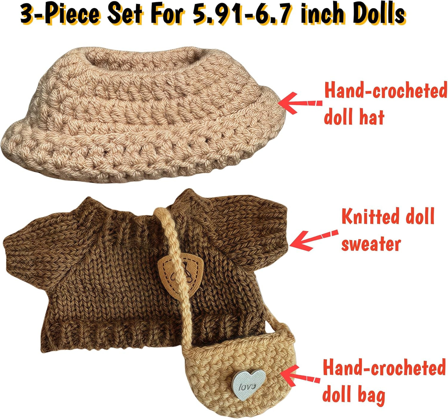 Handmade Crochet Doll Clothes Set - 2-Piece Outfit with Hat, Sweater & Bag for 15-17cm (6") Dolls - Handcrafted Accessories Gift (Khaki Overalls Suit)