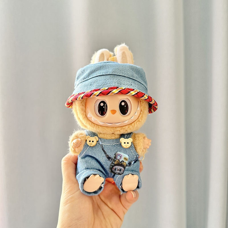 17cm Labubu Denim Overalls Hat Set & Phone Strap for Keychain Doll Accessories