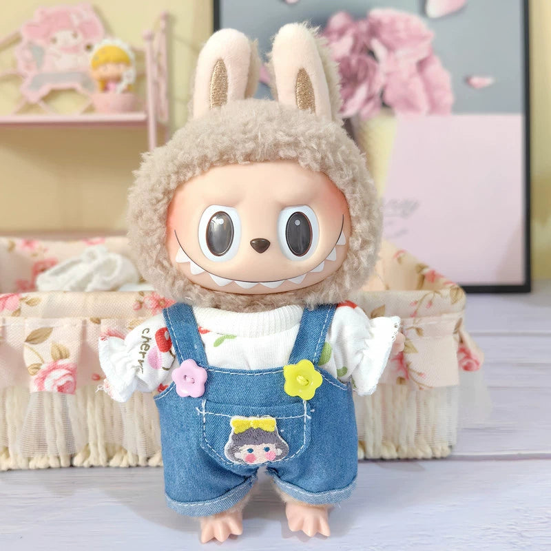 17cm Pop Mart Labubu Gen 2 Handmade Denim Overalls & Knit Sweater Set | T-Shirt + Hoodie | Vinyl/Plush-Compatible Clothes Only for Seated Dolls & Keychain Charms