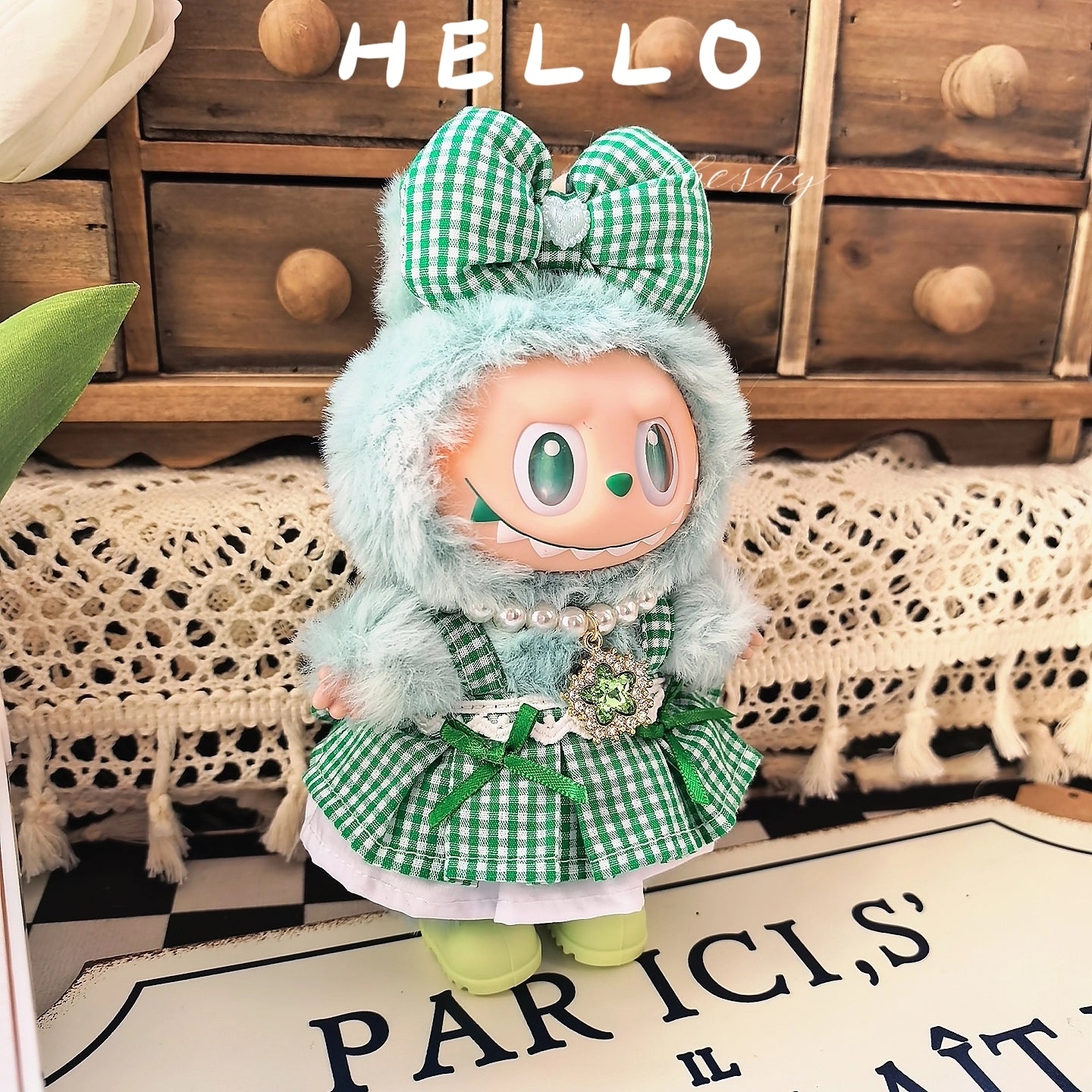17cm Labubu Gen1-3 Elf Outfit - Green Dress & Hair Clip for Vinyl Doll Clothes