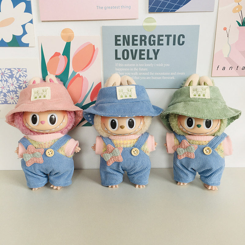 17cm Labubu Rainbow Outfit - Open Hat & Overalls Set for Plush Vinyl Keychain Doll