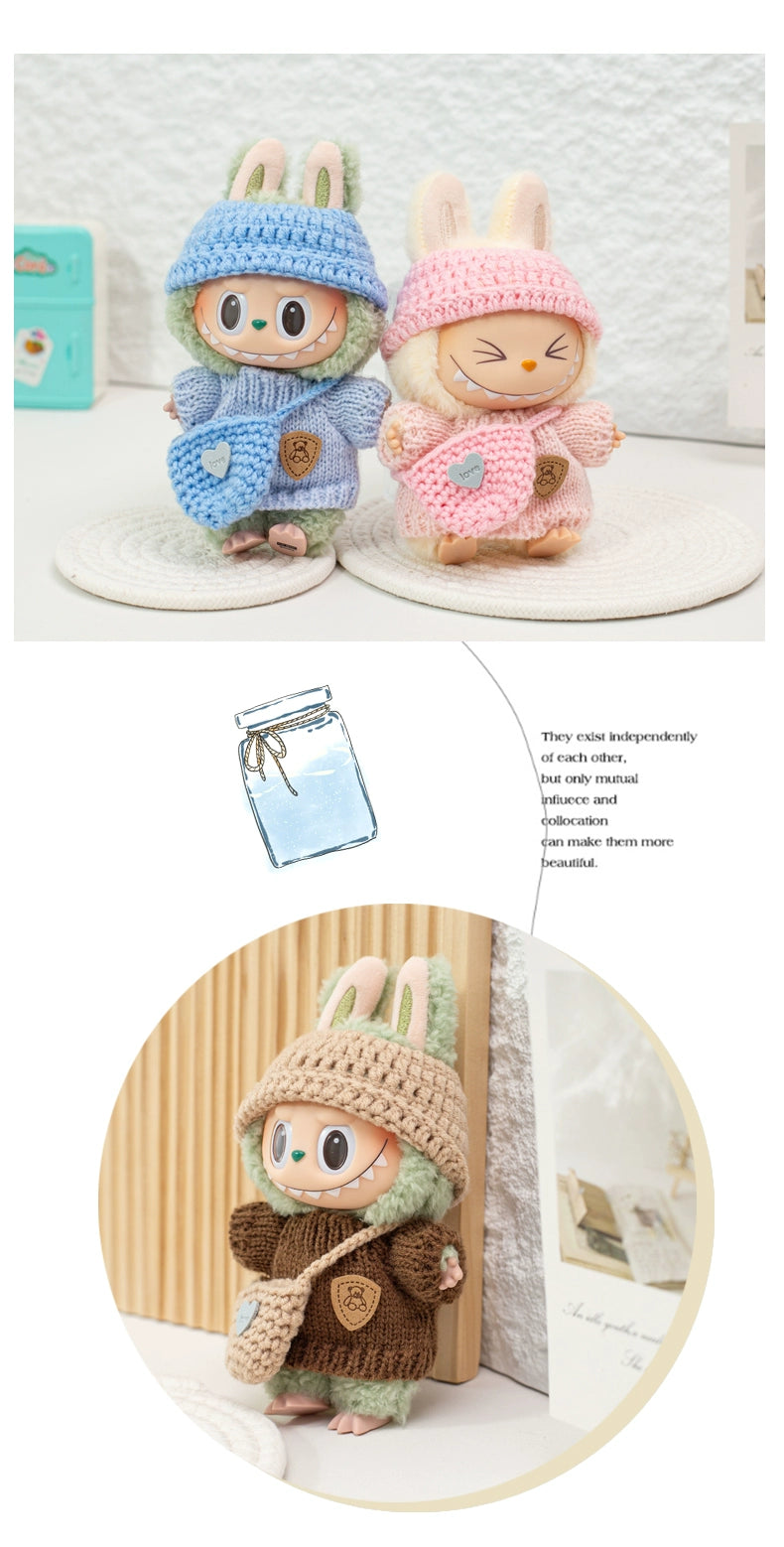 17cm Labubu Gen 1-3 Handmade Knit Sweater Set | Khaki Beanie + Cable-Knit Sweater + Detachable Heart Shoulder Bag | Vinyl/Plush-Compatible Clothes Only for Collectible Dolls