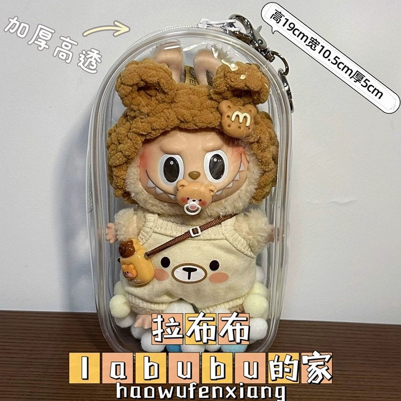 POP MART Labubu Sit-Sit Party Protective Case - Waterproof Clear Dustproof Cover + Carry Bag for 17cm Vinyl Figures