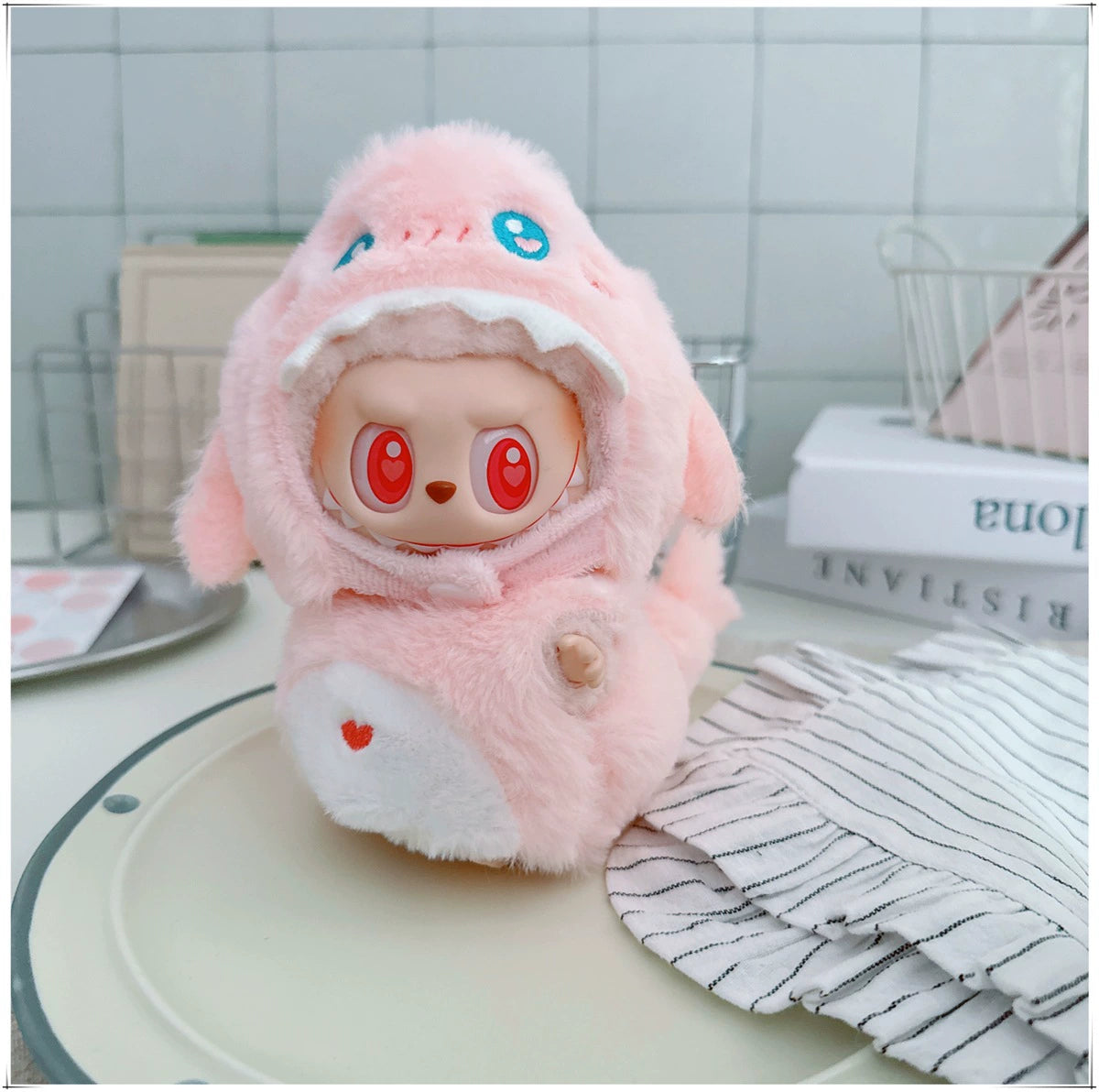 17cm Labubu Blind Box Doll Cartoon Outfit | Changeable Clothing with Fried Shrimp & Dinosaur Themes