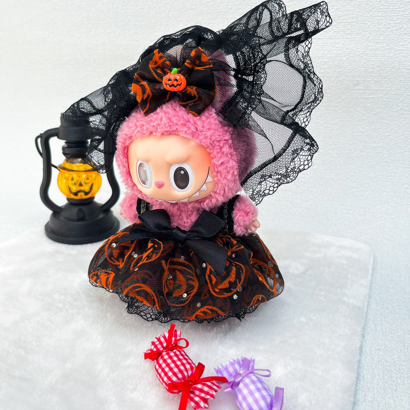 Spooky Bride Labubu Outfit - Lace Trimmed Pumpkin Pattern Black Dress with Detachable Veil (No Doll)