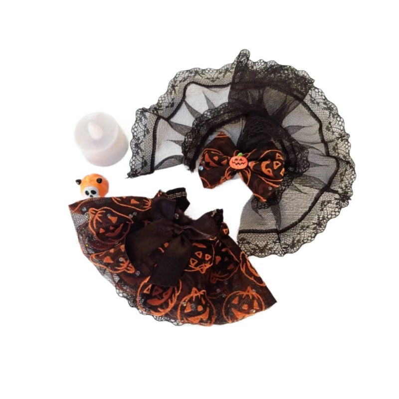 Spooky Bride Labubu Outfit - Lace Trimmed Pumpkin Pattern Black Dress with Detachable Veil (No Doll)