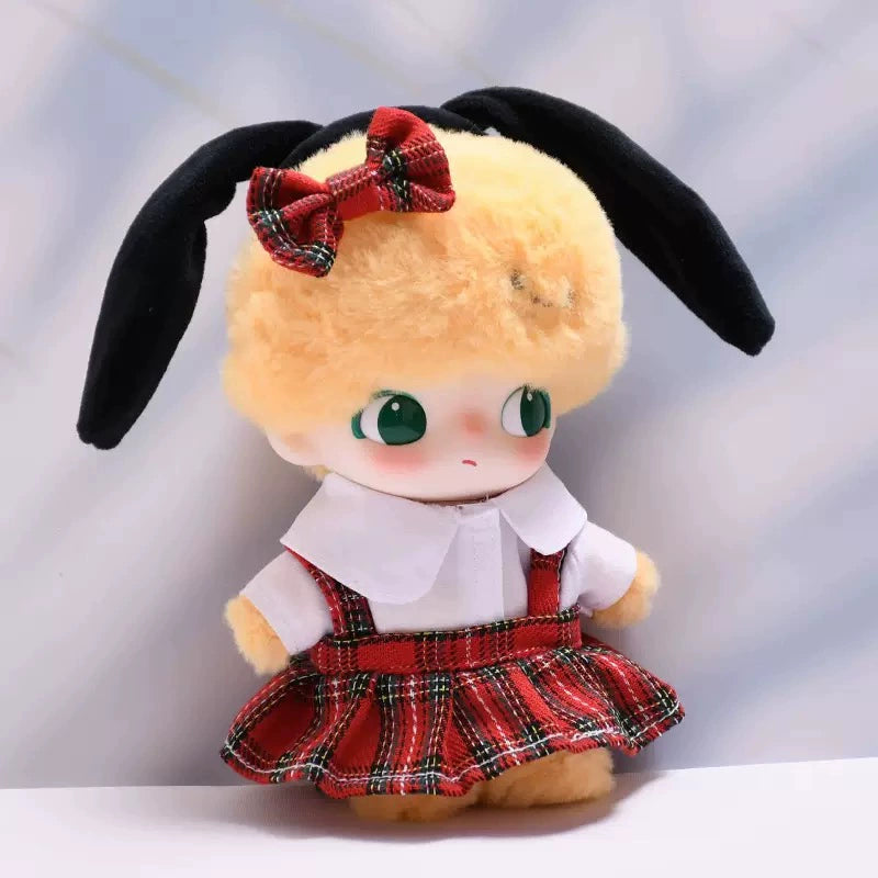 DIMOO WORLD Plush Keychain Doll Outfit - Star Denim Overalls & Red Bow Set for Labubu Doll Clothes