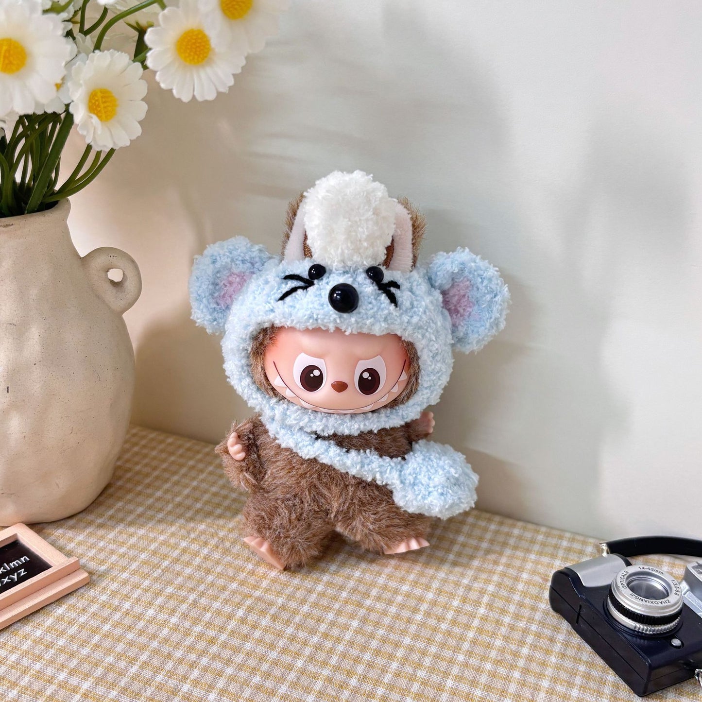 10.5cm Labubu 4th Gen Heart Code Collection Butter Bear Style Vinyl Outfit Set | 2-Piece Overalls & Bear Hat Replacement Clothes for Mini Keychain Charms