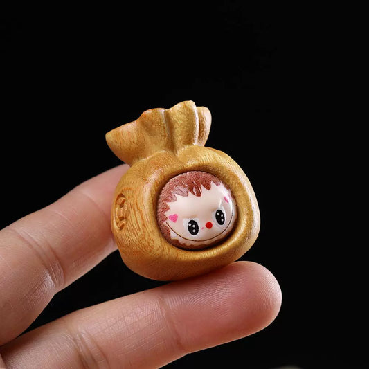 LABUBU Carved Wooden Pendant - 3D Lucky Charm for DIY Jewelry & Keychains