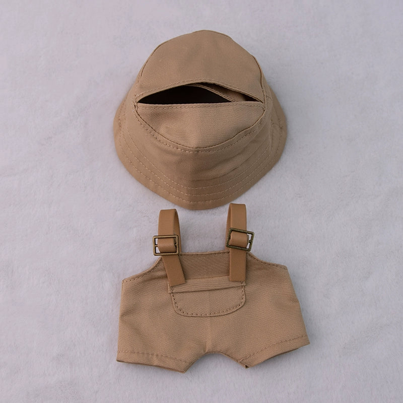 17cm Labubu Outfit Set - Khaki Overalls & Fisherman Hat for Fashion Vinyl Doll