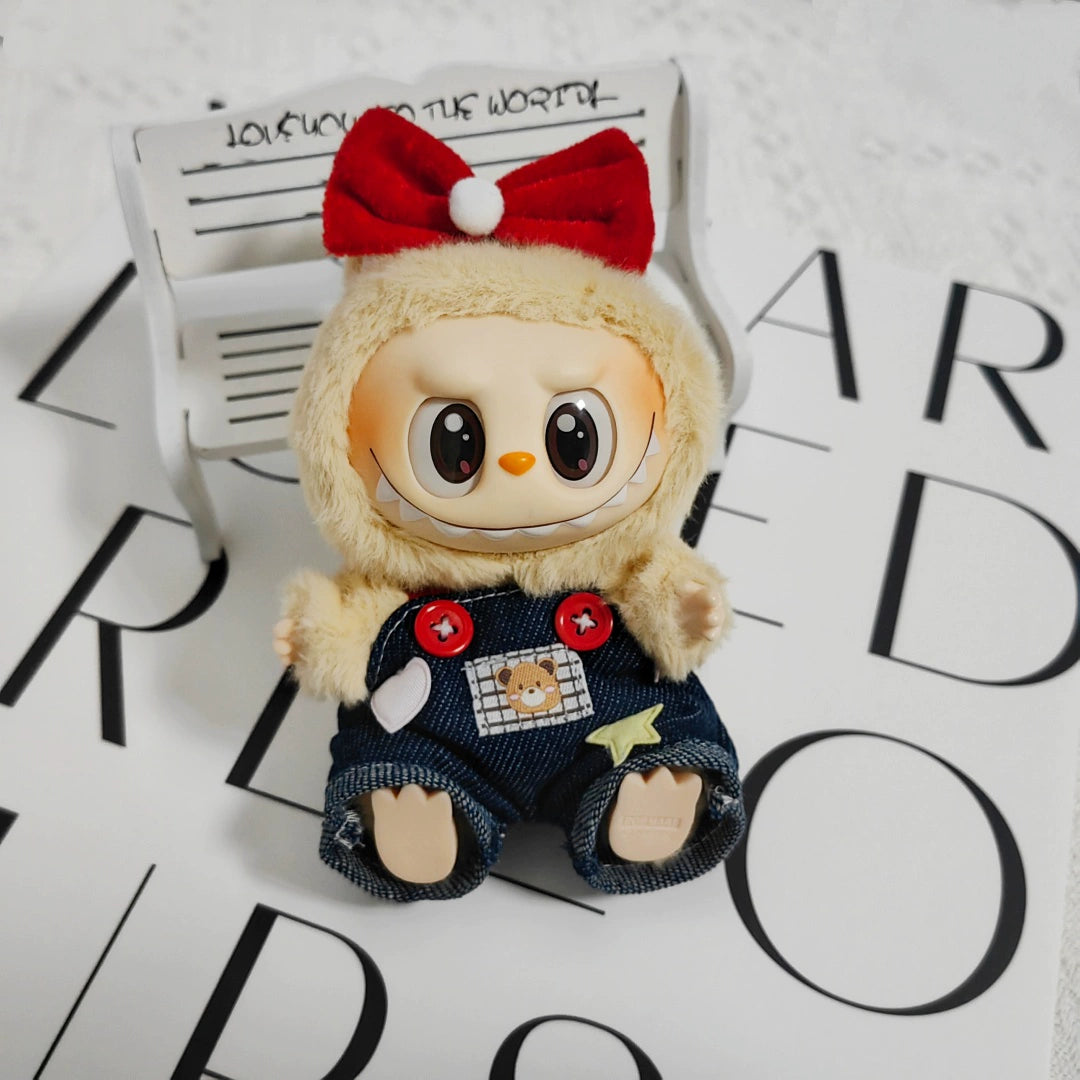 Bear Overalls + Red Bow + Black Mini Camera Outfit for 17cm La Boo Boo Blind Box Doll Change Clothes