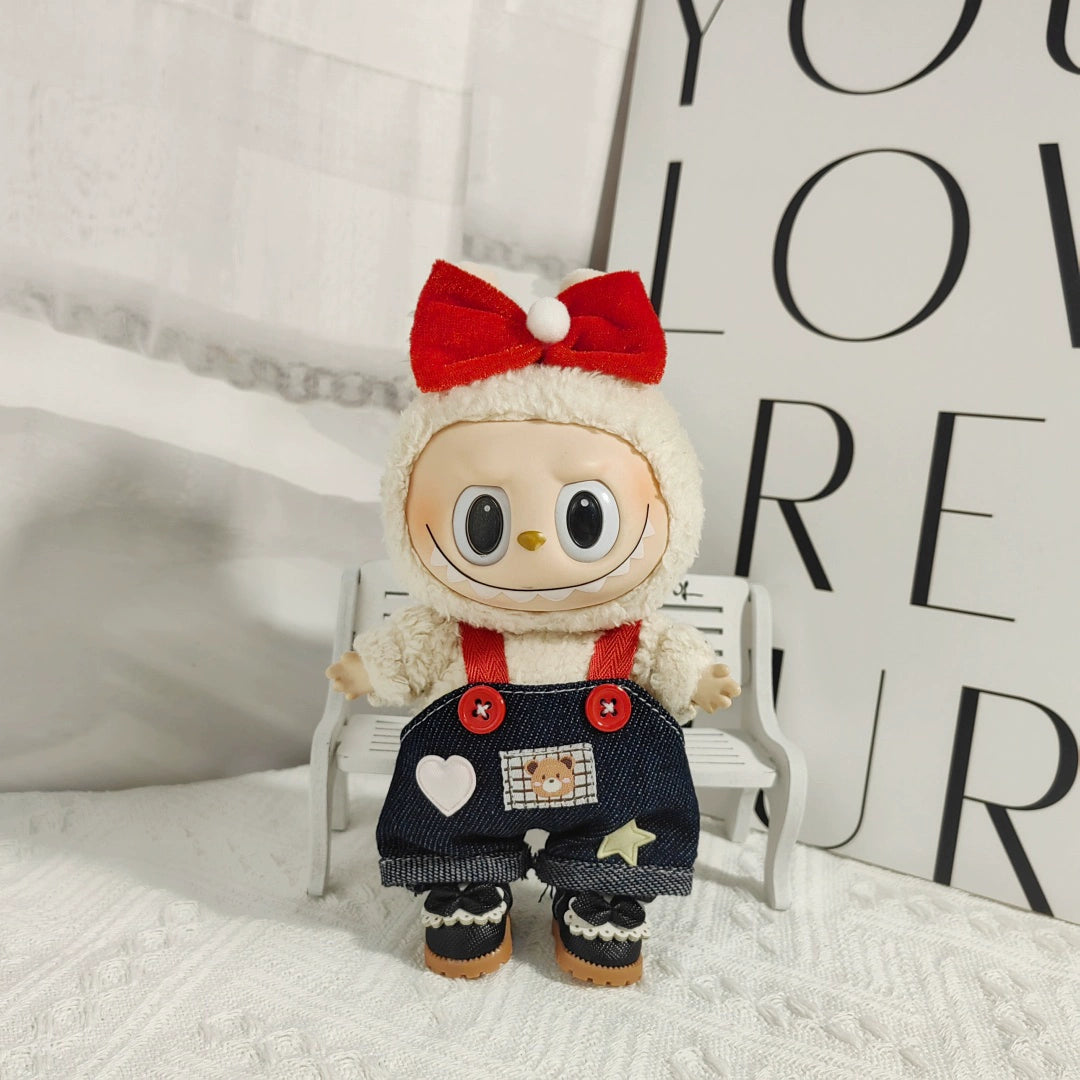 Bear Overalls + Red Bow + Black Mini Camera Outfit for 17cm La Boo Boo Blind Box Doll Change Clothes
