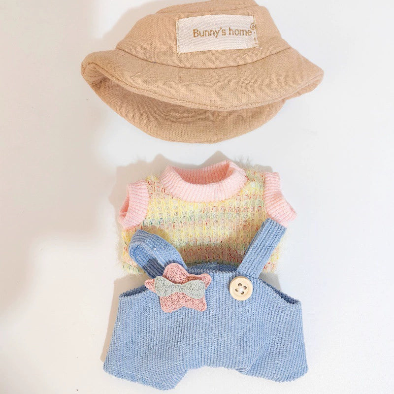 17cm Labubu Gen 1-3 Universal Fit Handmade Pink Bunny 3-Piece Set | Overalls + Hat + Mini Thermos Cup | Vinyl/Plush-Compatible Clothes Only for Collectible Dolls