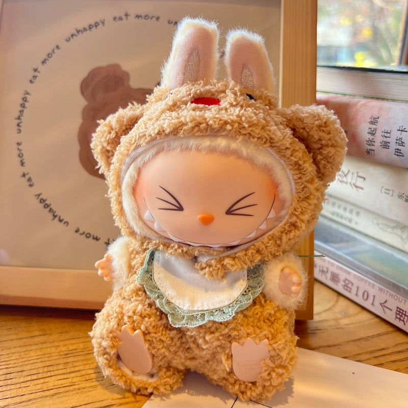 Doll Clothes for Sitting LABUBU, Brown Knitted 3-piece Set - Cute Cartoon Outfits for 17CM POP MART Blind Box Plush Doll