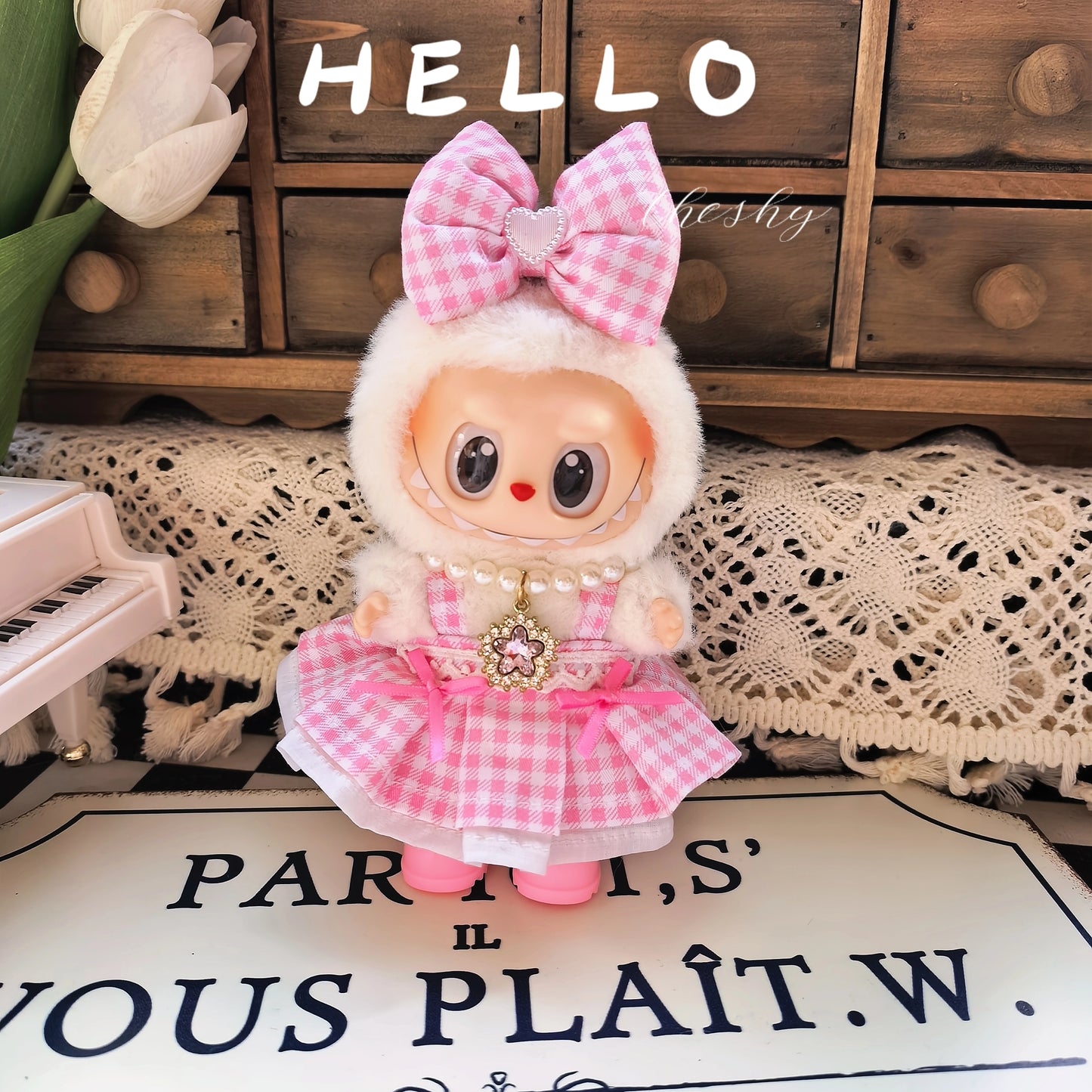 17cm Labubu Gen1-3 Elf Outfit - Green Dress & Hair Clip for Vinyl Doll Clothes