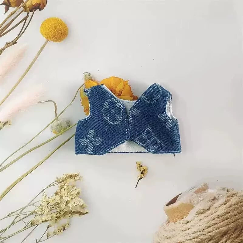 17cm/15cm Labubu Gen 1-2 Handmade Embroidered Clover Denim Hat Set | Vinyl/Plush-Compatible Clothes Only with Detachable Keychain Charm for Seated/Standing Dolls